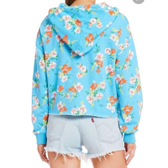 LEVI'S LEVIS Floral Raw Cut Hoodie Sweatshirt Blue Multi Hawaiian Cropped Crop - Picture 4 of 16